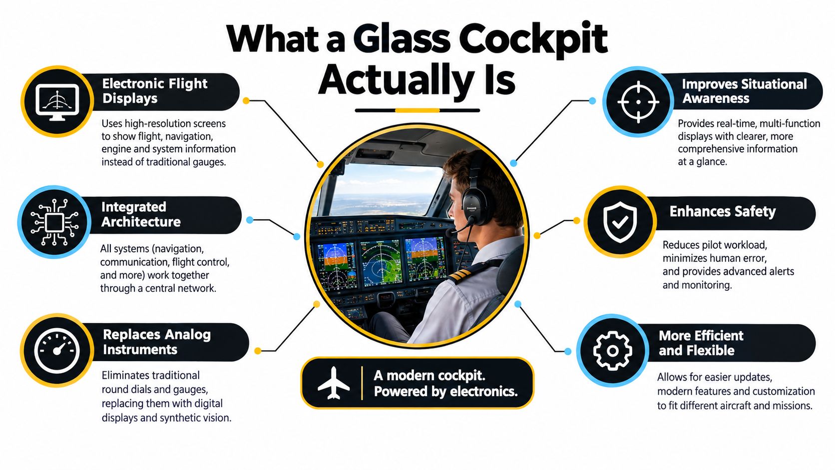 An infographic explaining what a glass cockpit is, showing its key features and benefits for aircraft pilots.