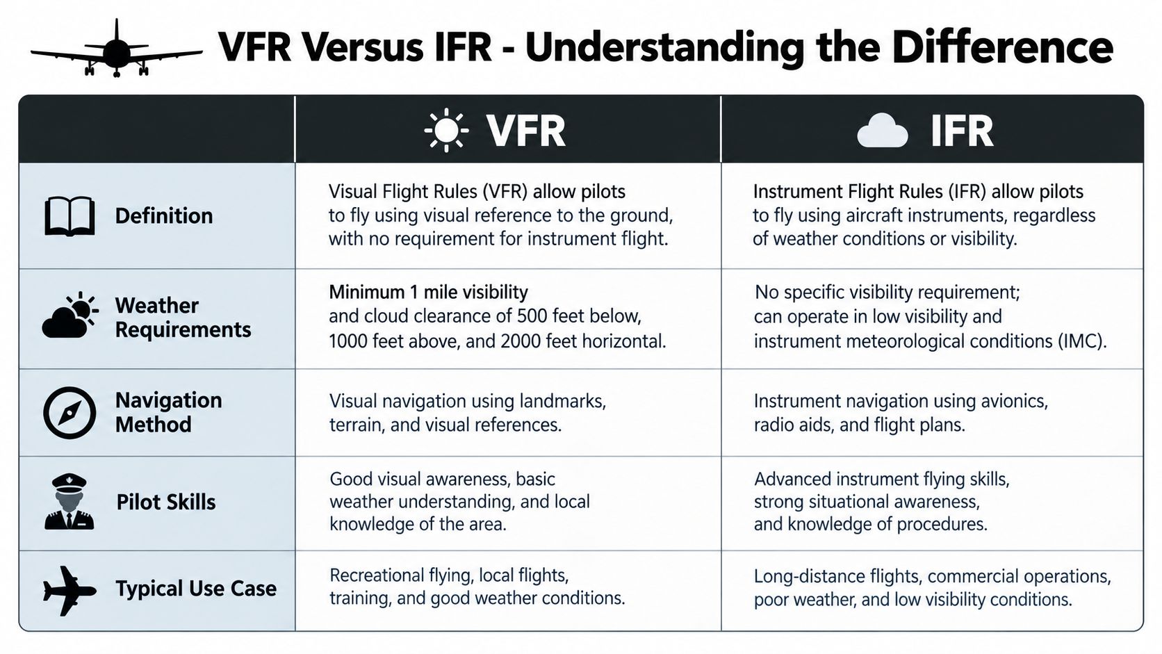 A comparison chart outlining the key differences between Visual Flight Rules and Instrument Flight Rules in aviation.