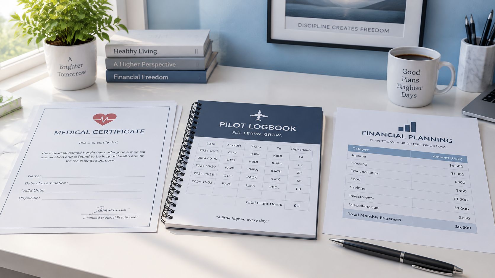 A professional workspace featuring a pilot logbook, a financial planning document, and a medical certificate.