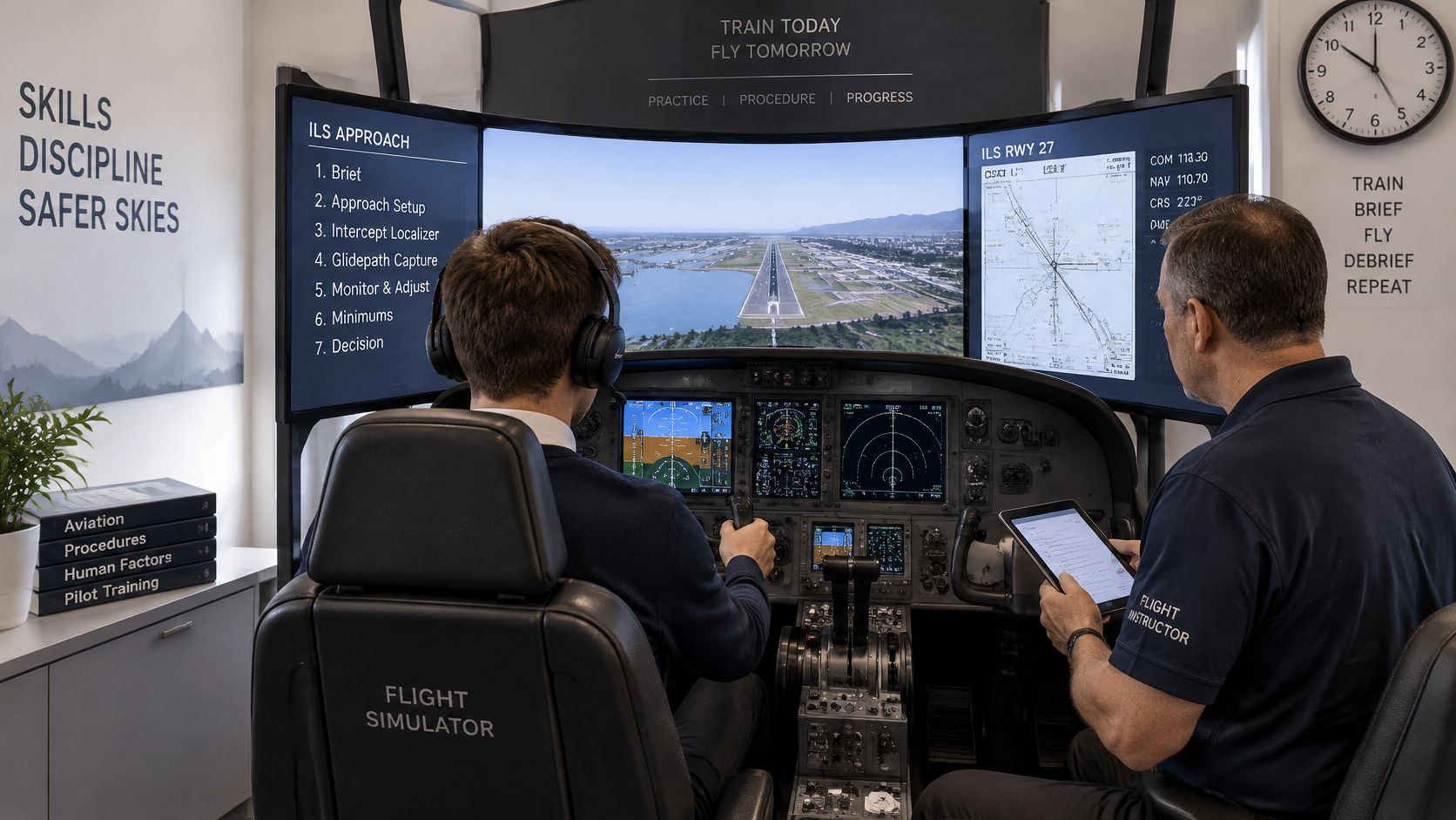 A student pilot training in a flight simulator with an instructor overseeing the session in a classroom.