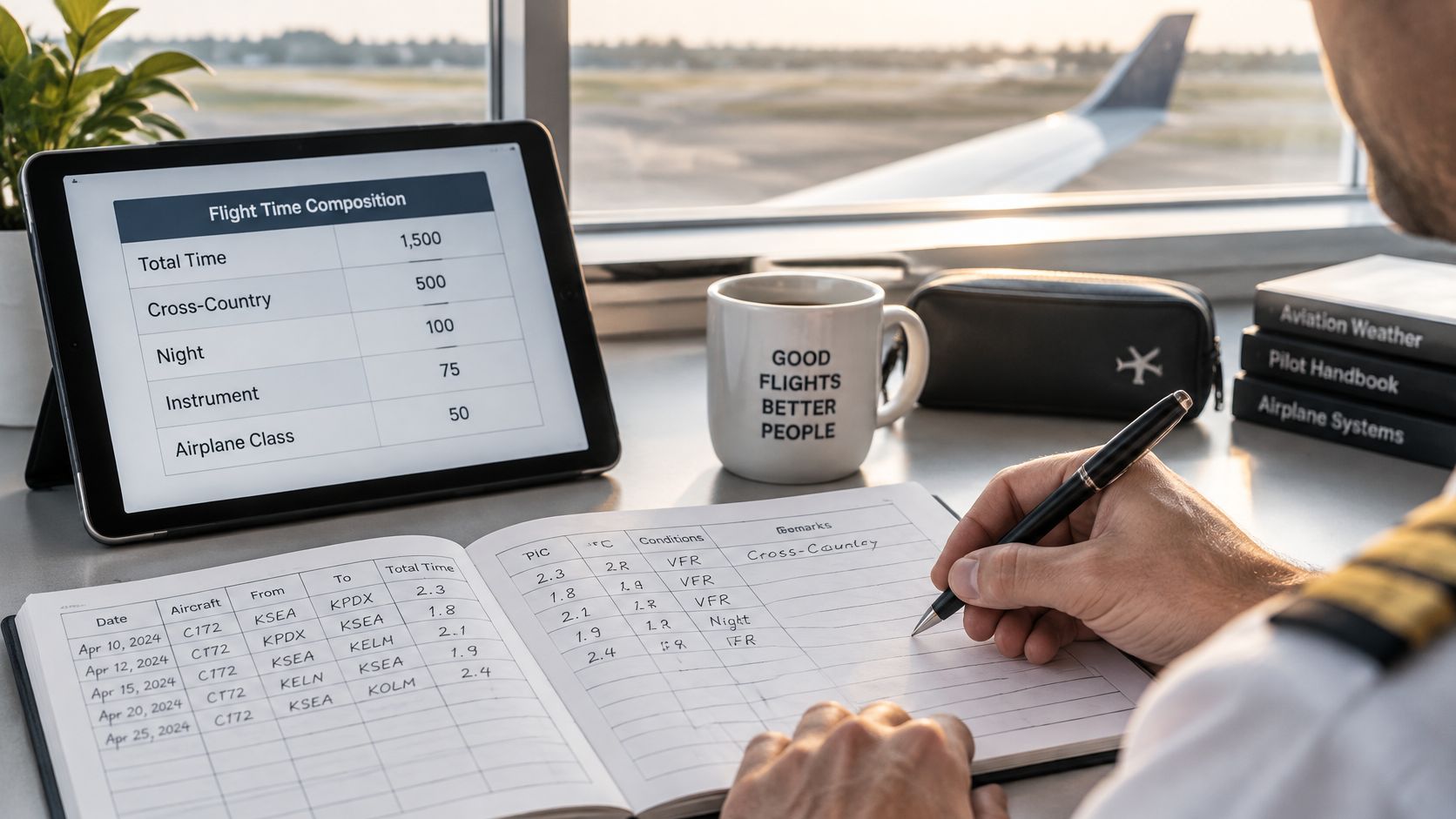 A pilot recording flight hours in a logbook next to a tablet displaying flight time statistics.