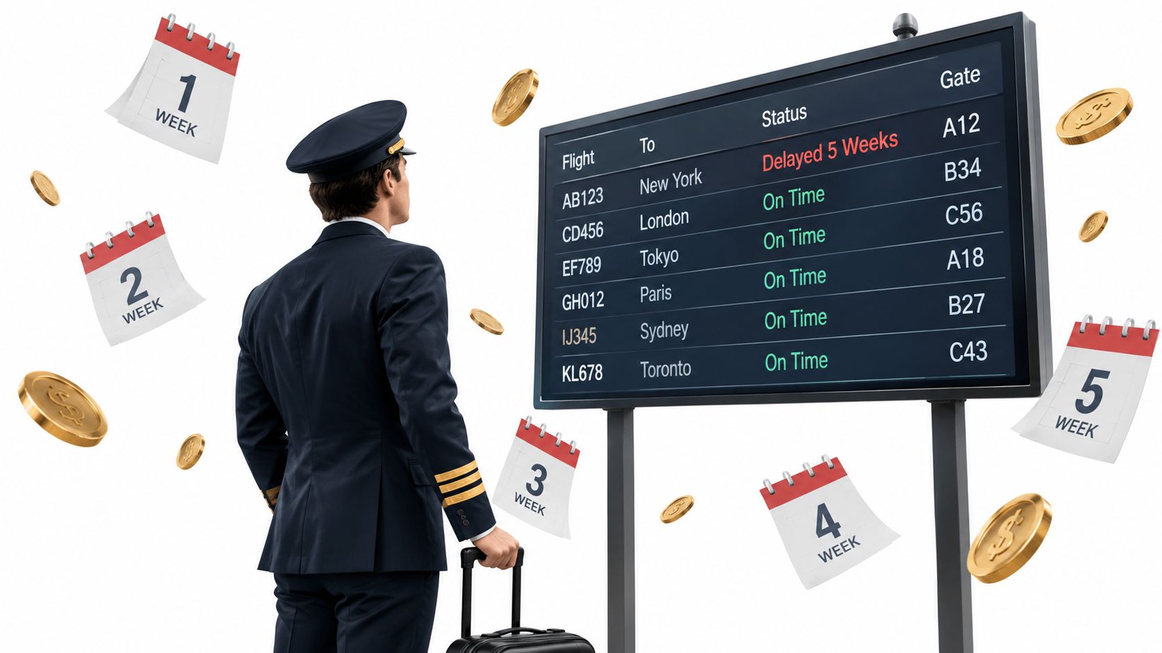 An airline pilot standing before a flight information board showing a significant delay with floating calendar pages.