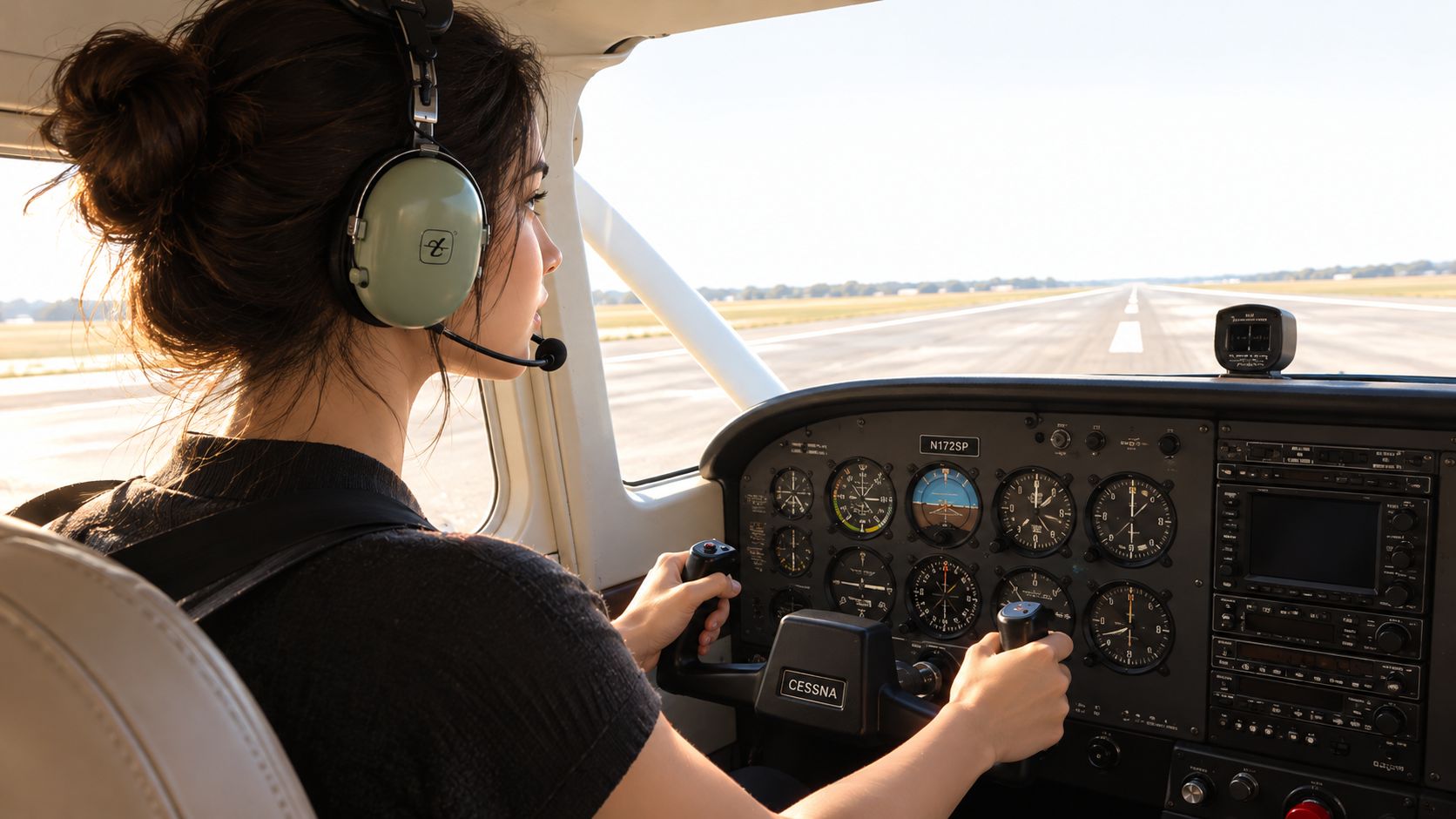 A female student pilot sitting in the cockpit of a Cessna aircraft, holding the control yoke before takeoff.