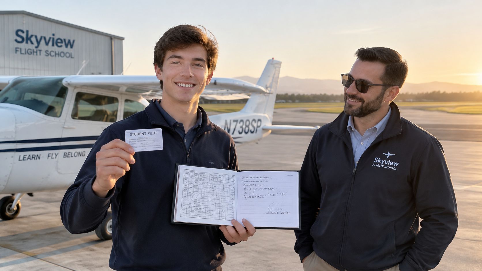 A young student pilot holds his certificate while standing next to his flight instructor at an airfield.