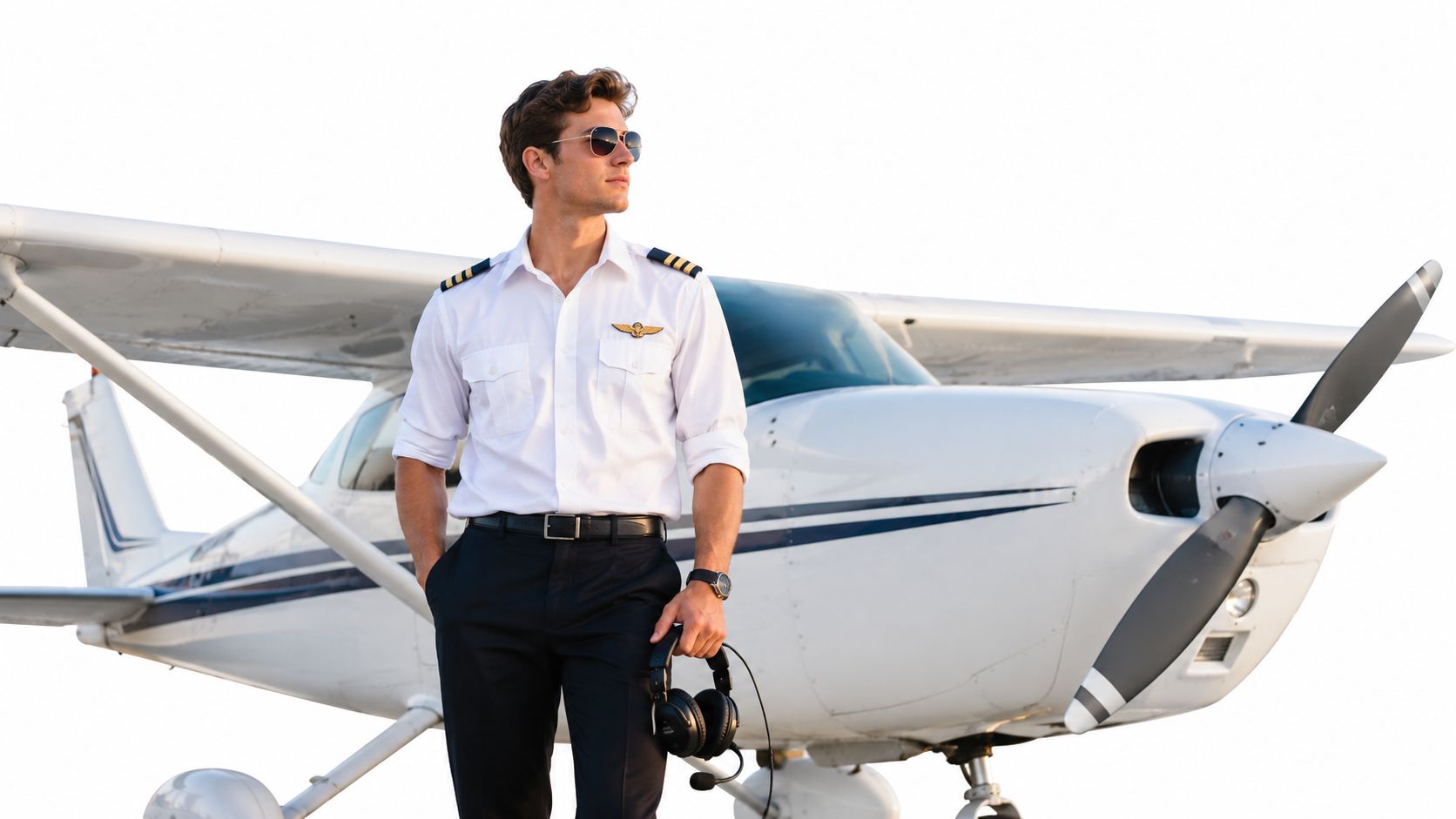 A confident male pilot in uniform and sunglasses holding a headset while standing near his aircraft.