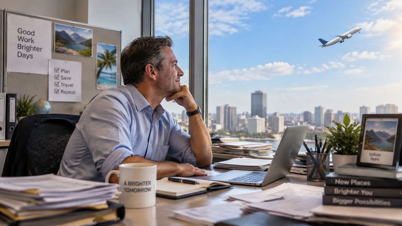 A professional man sitting at an office desk dreaming about his career change to pilot while looking out.