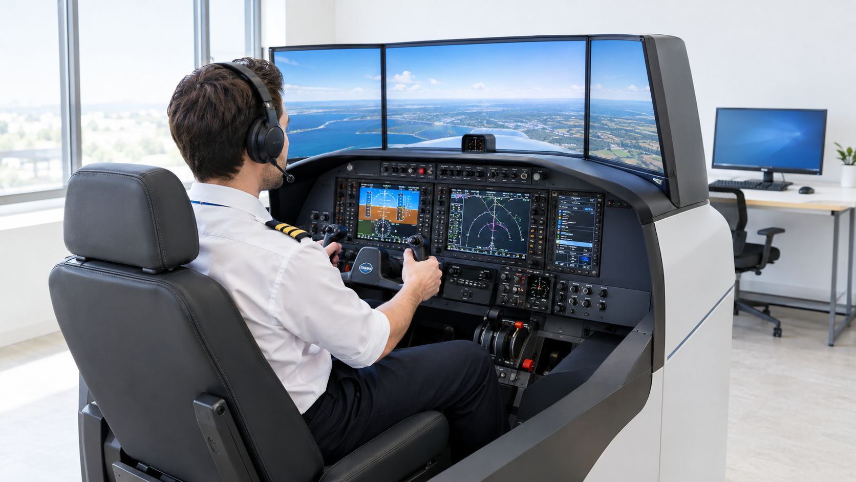 A professional pilot sits in a flight training device cockpit operating the flight controls while wearing a headset.