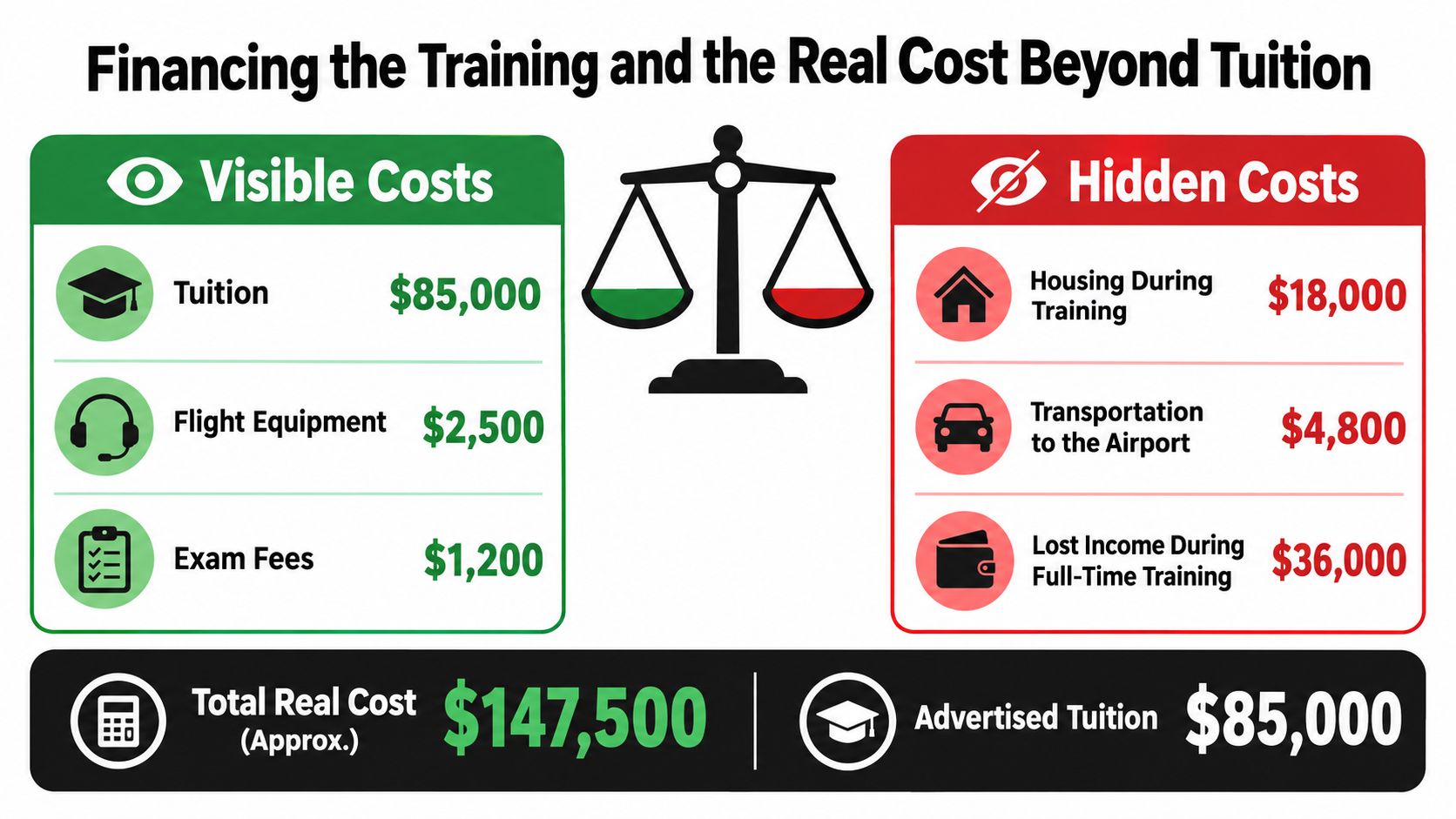 A comparison chart showing visible versus hidden costs of airline pilot training totaling over 147,000 dollars.