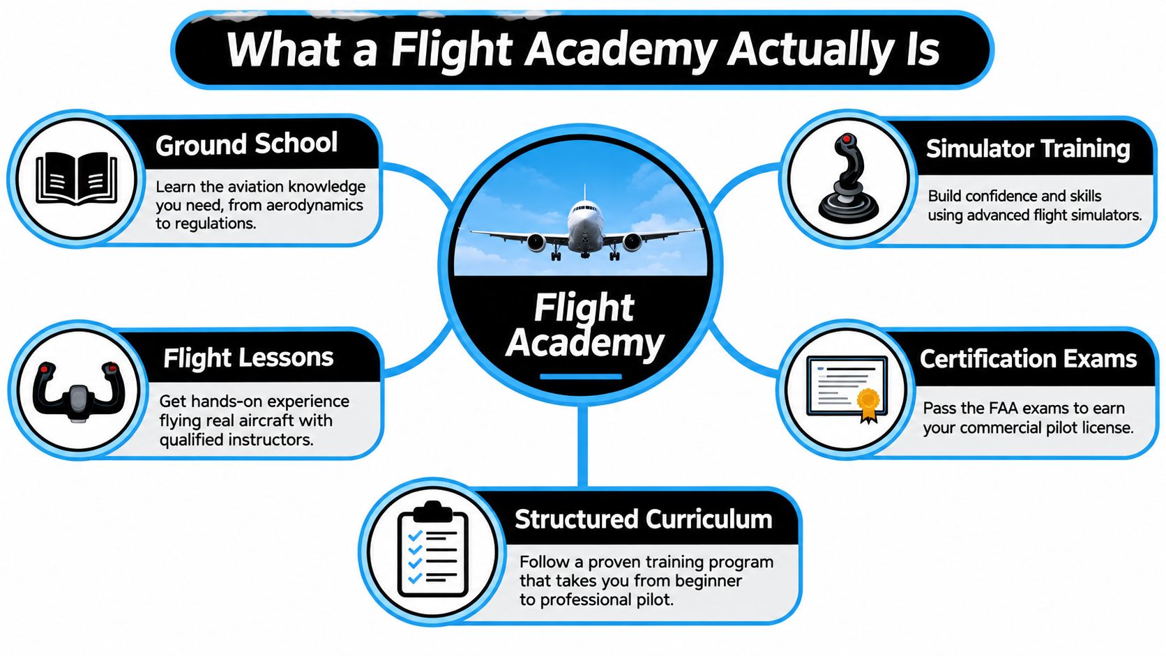 A diagram illustrating the core components of a flight academy, including ground school, simulators, and flight lessons.