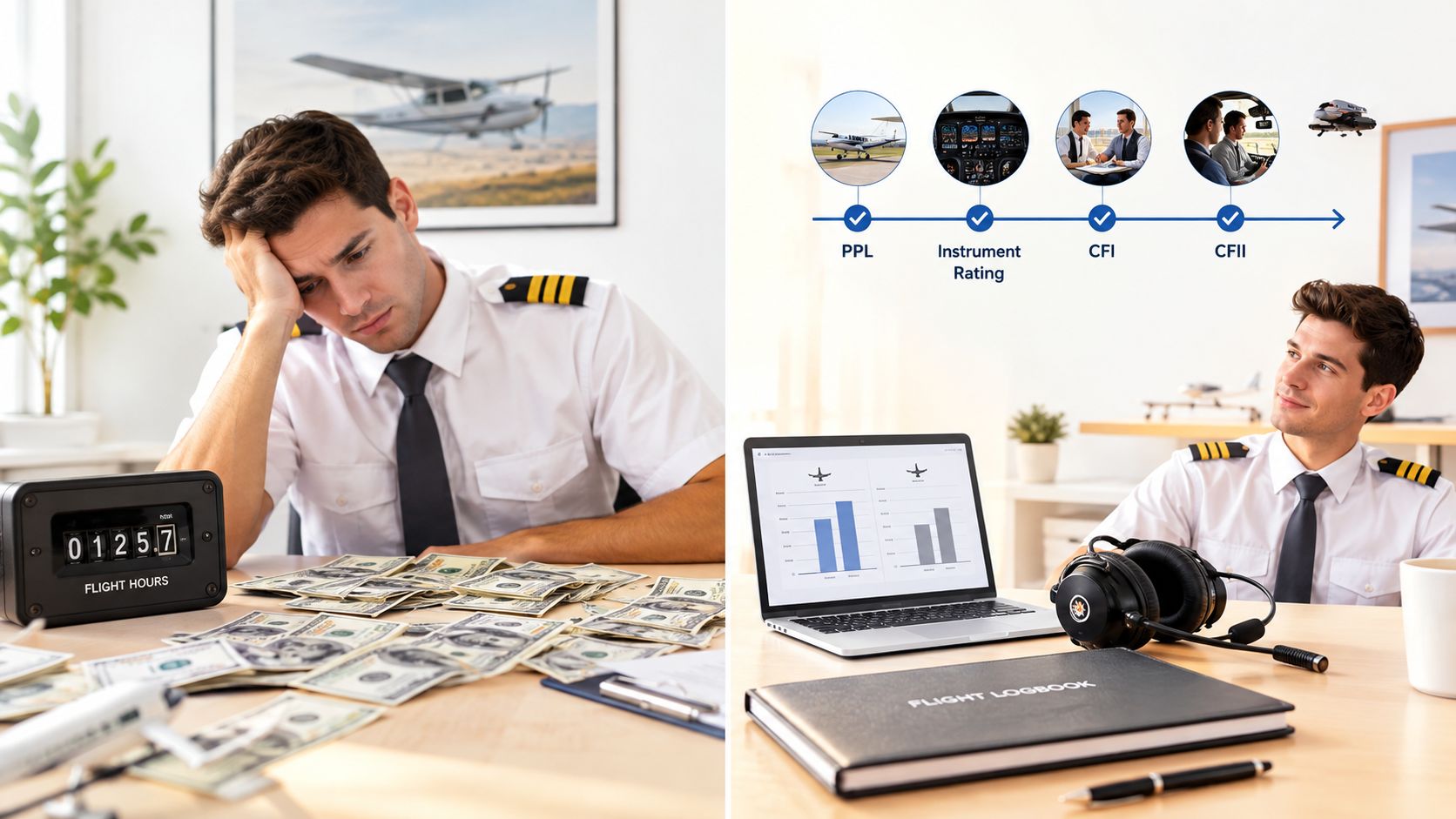 A split image showing a stressed pilot looking at cash and a confident pilot looking at flight career milestones.