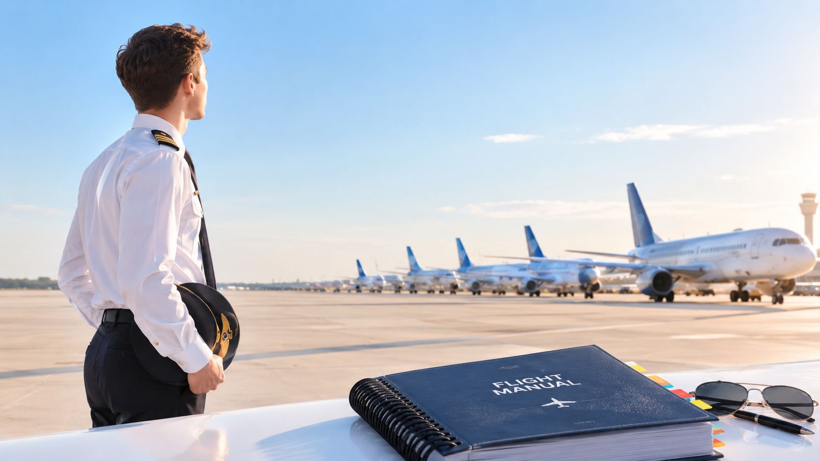 A pilot stands on an airport tarmac overlooking a row of airplanes, with a flight manual nearby.