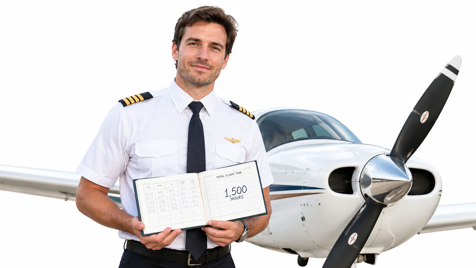 A professional male pilot standing in front of a small airplane holding an open flight logbook.