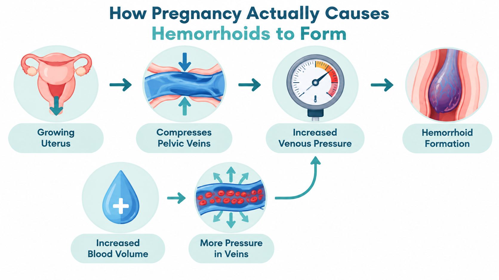 A diagram illustrating how a growing uterus and increased blood volume cause hemorrhoids during pregnancy.