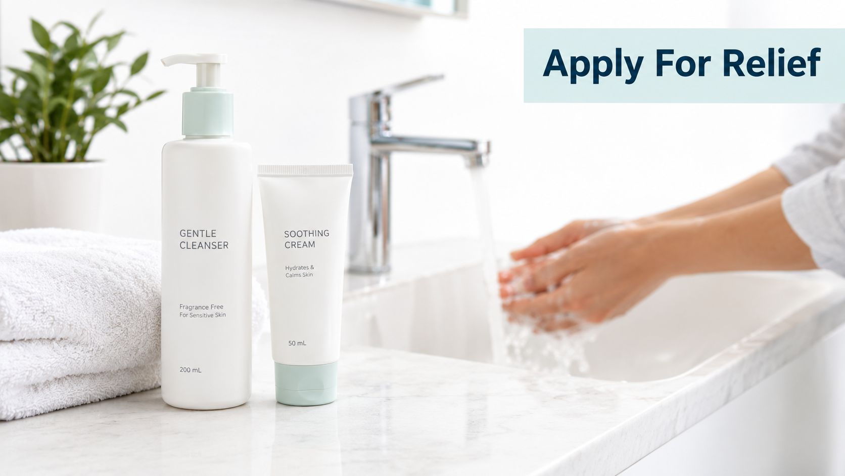 A gentle cleanser and soothing cream bottle placed on a bathroom vanity beside a washing sink.