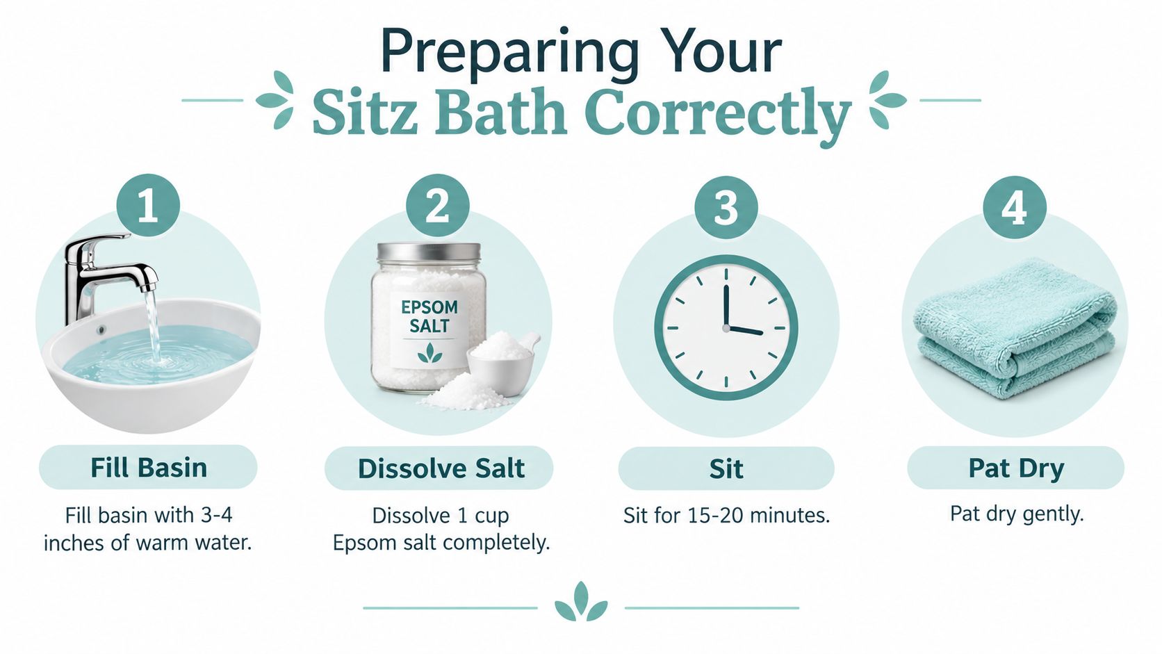 A four-step instructional infographic showing how to prepare a soothing sitz bath with warm water and Epsom salt.