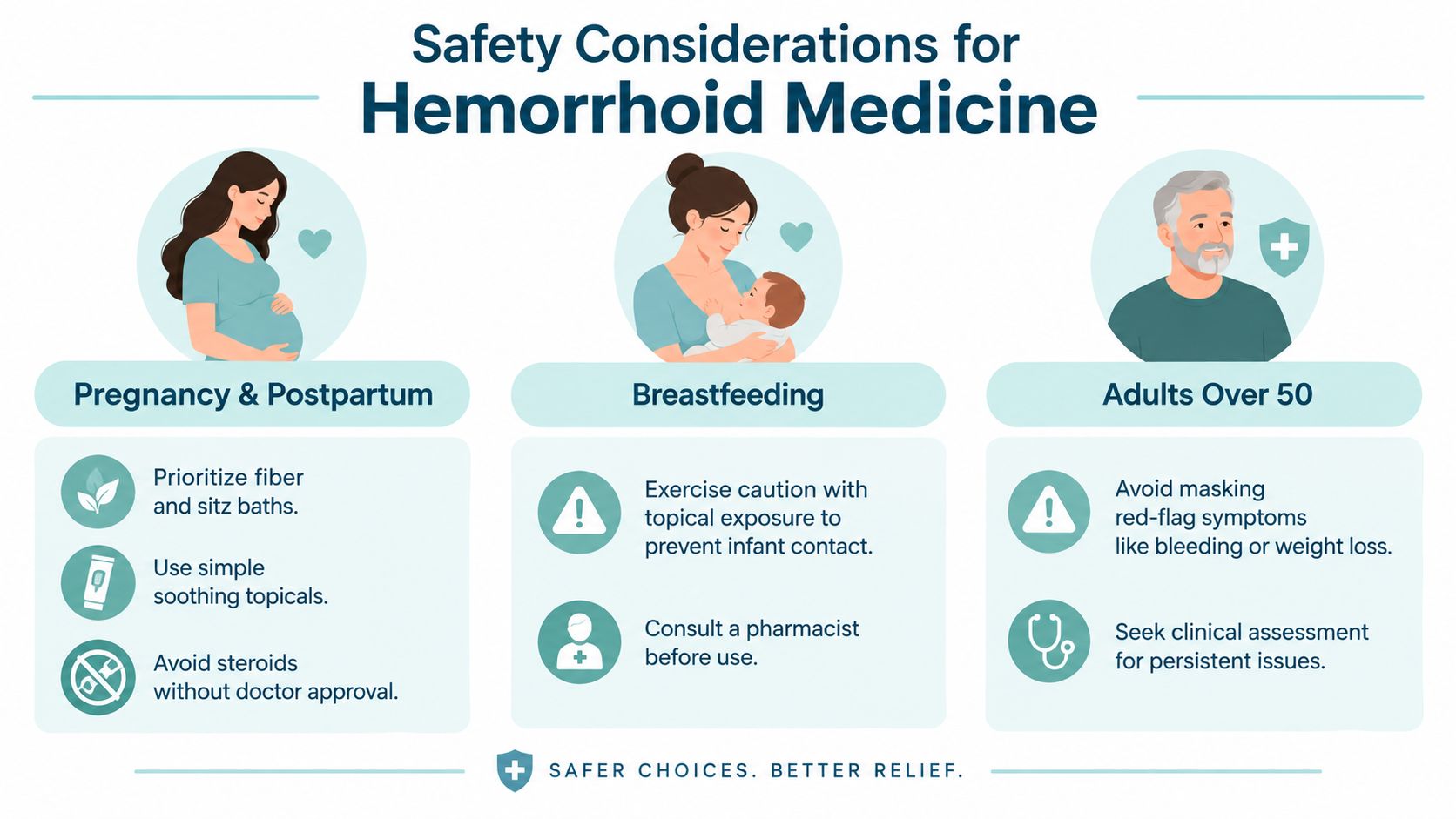 An infographic outlining safety considerations for hemorrhoid medicine usage during pregnancy, breastfeeding, and for adults over 50.