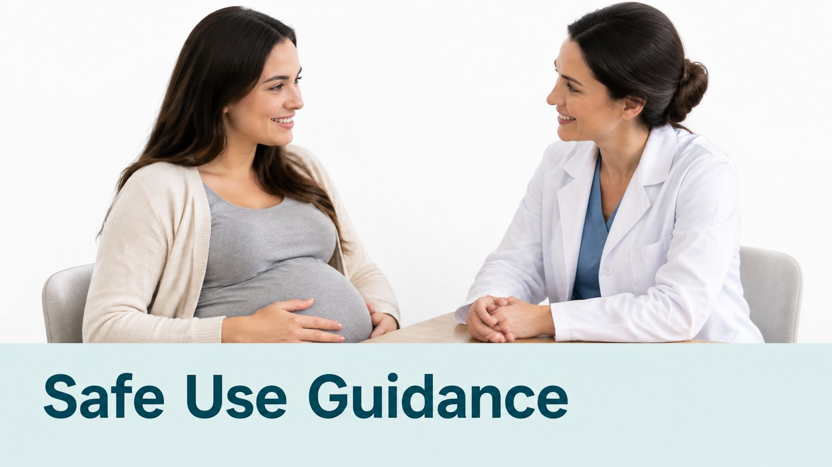 A pregnant woman smiling while discussing healthcare options with her female doctor in a clinical setting.
