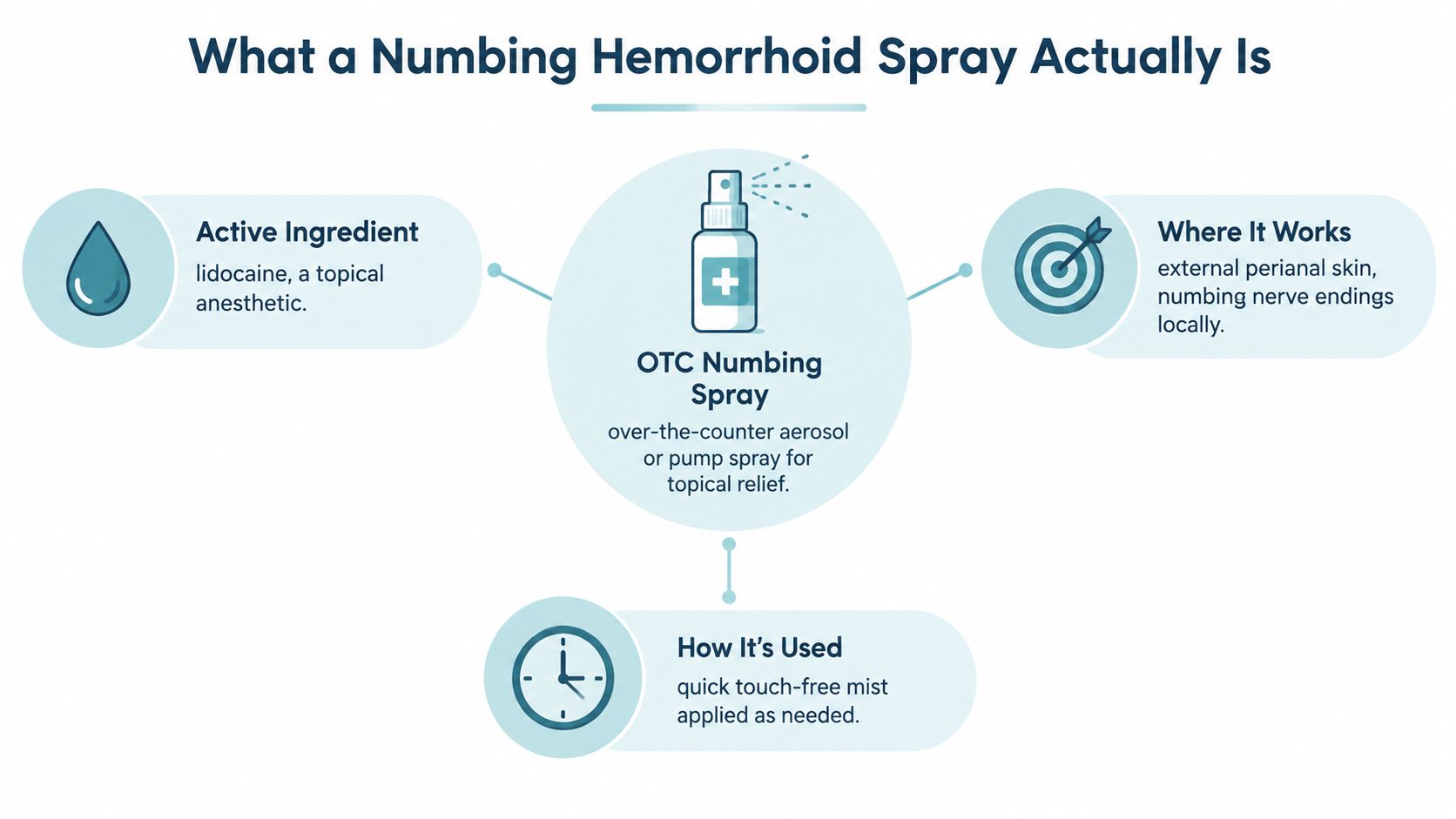 An infographic detailing the active ingredient, application method, and target area for numbing hemorrhoid spray.