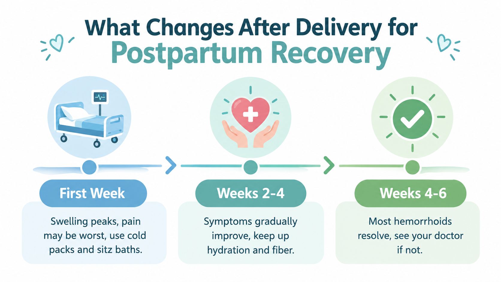 A timeline graphic showing postpartum recovery steps for hemorrhoids across the first six weeks after delivery.