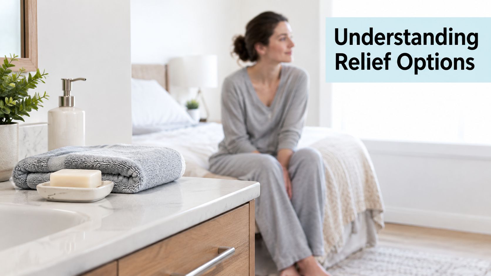 A woman sits on her bed in a calm, modern room with bathroom accessories in the foreground.
