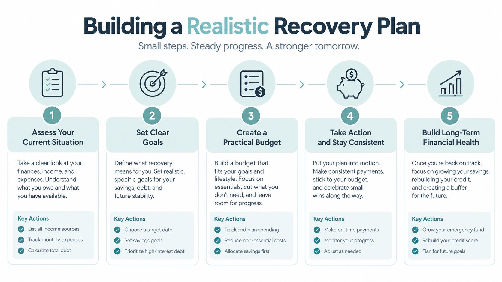 A five-step financial recovery plan infographic showing steps to assess situation, set goals, budget, act, and build health.