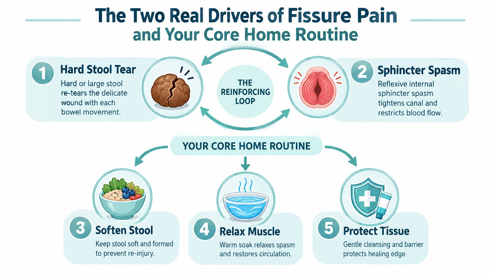 An educational infographic explaining the causes of anal fissure pain and effective home routine treatment methods.