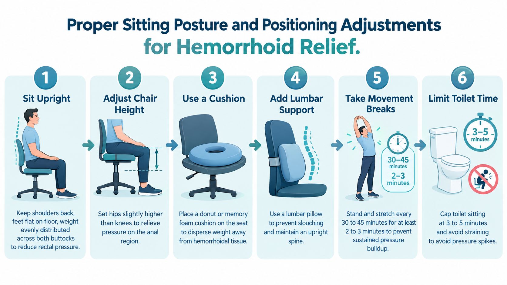 An infographic showing six steps for proper sitting posture and positioning adjustments to help relieve hemorrhoids.