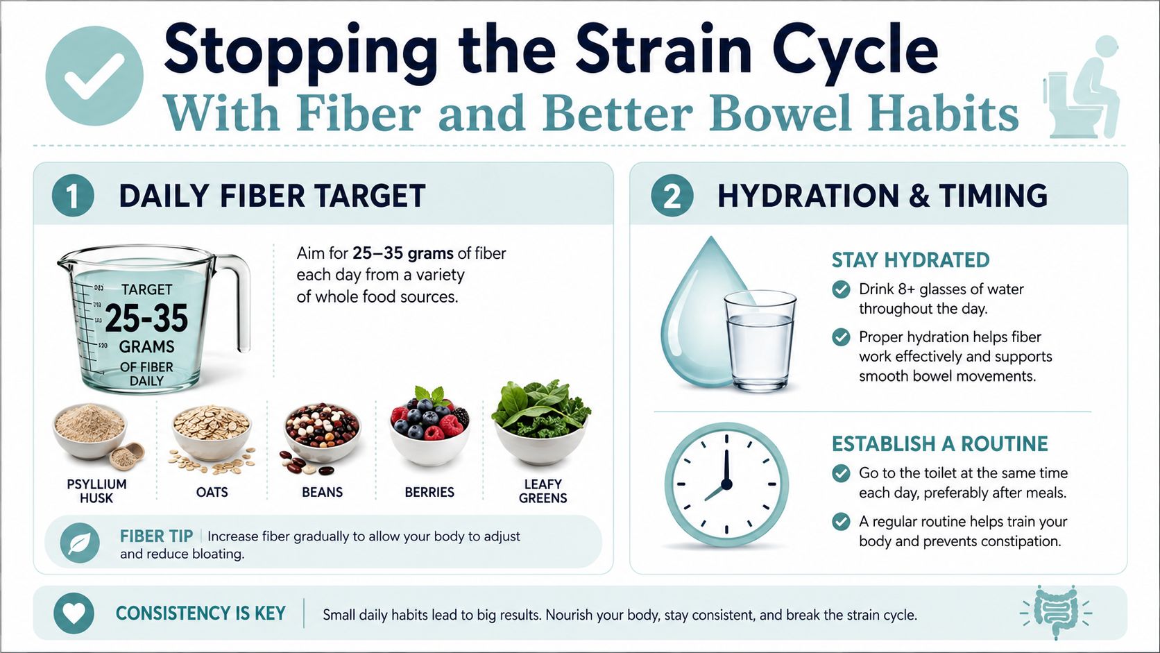 An infographic titled Stopping the Strain Cycle illustrating fiber intake, hydration, and bowel movement routine for constipation relief.