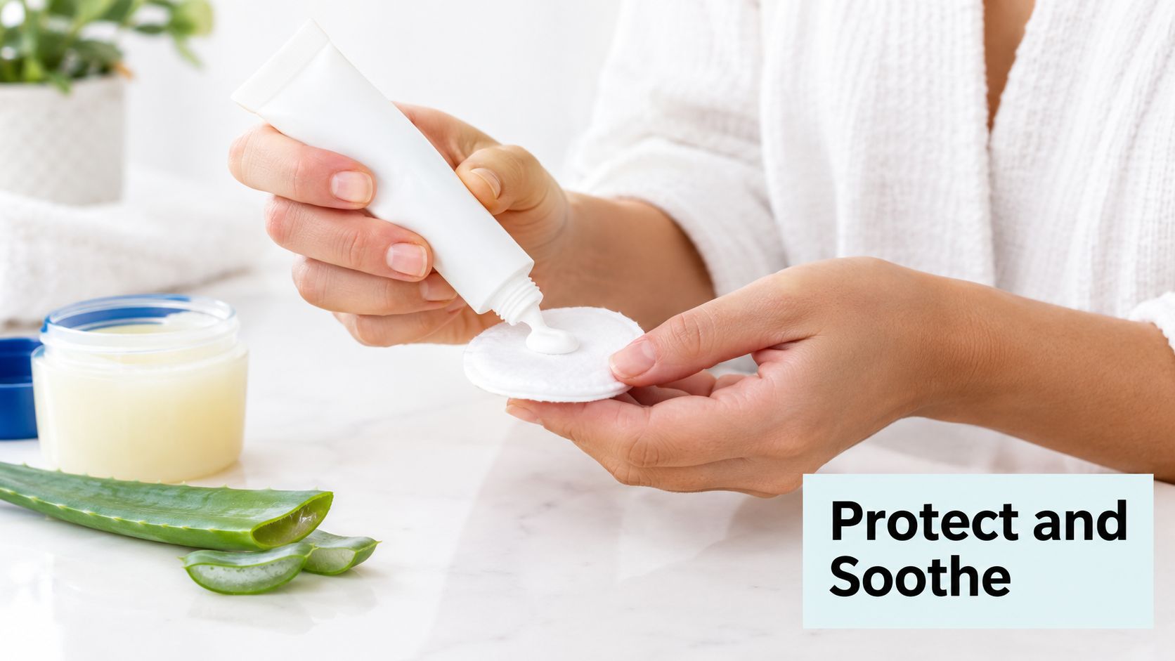 A person in a bathrobe squeezing soothing cream from a tube onto a round cotton pad.