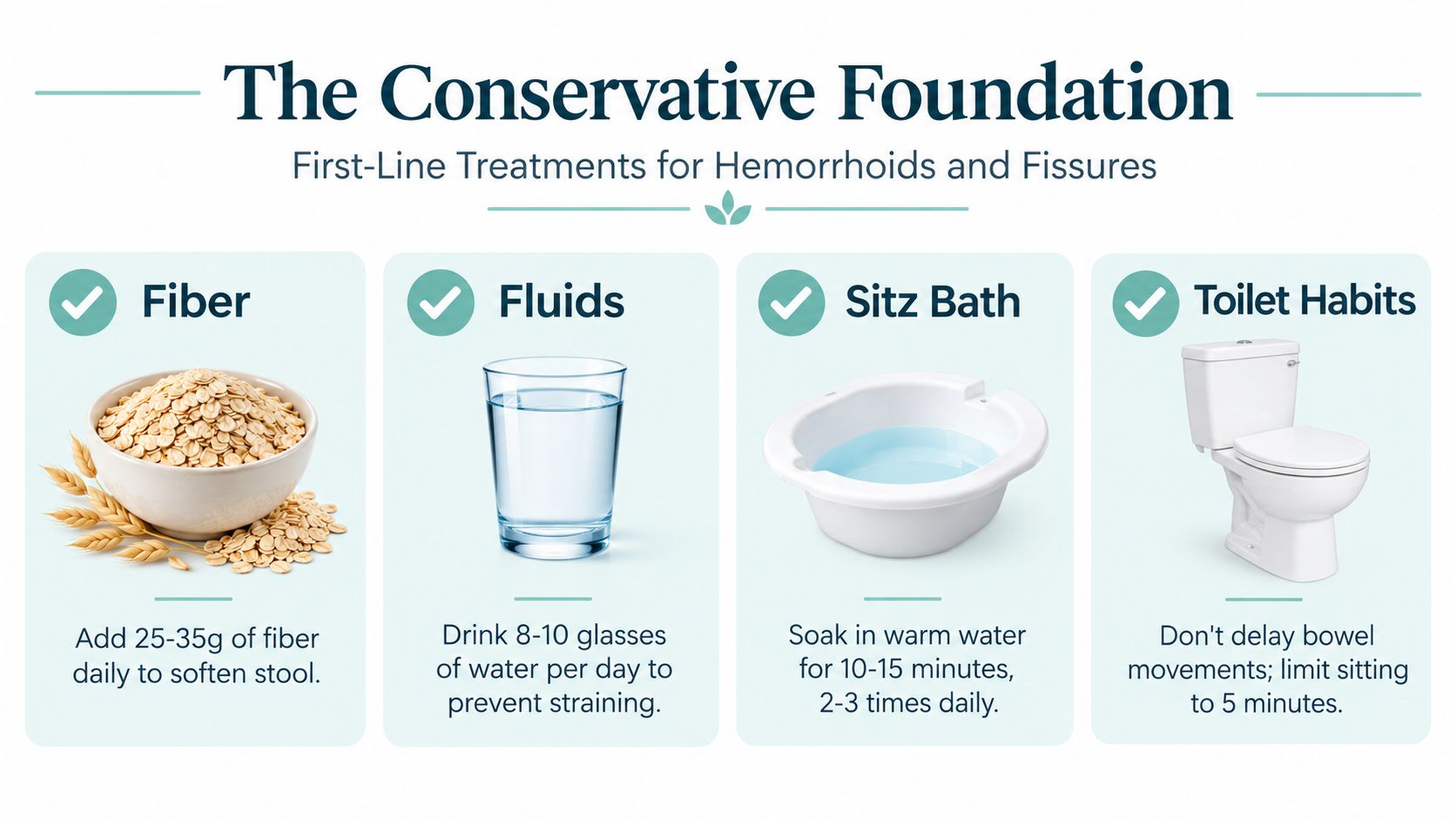 A graphic outlining four first-line conservative treatments for hemorrhoids and fissures: fiber, fluids, sitz baths, and toilet habits.