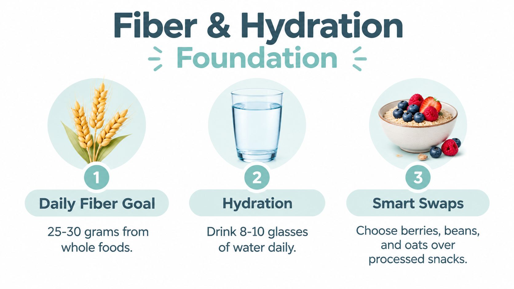 An infographic displaying three tips for health including daily fiber goals, hydration, and smart food swaps.