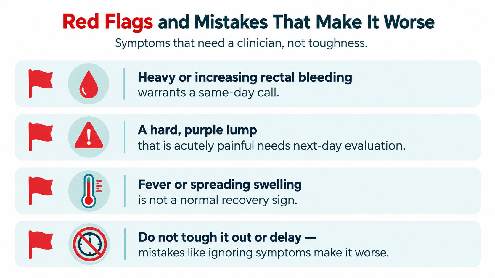 A health infographic detailing red flag symptoms of rectal discomfort that require immediate medical attention.