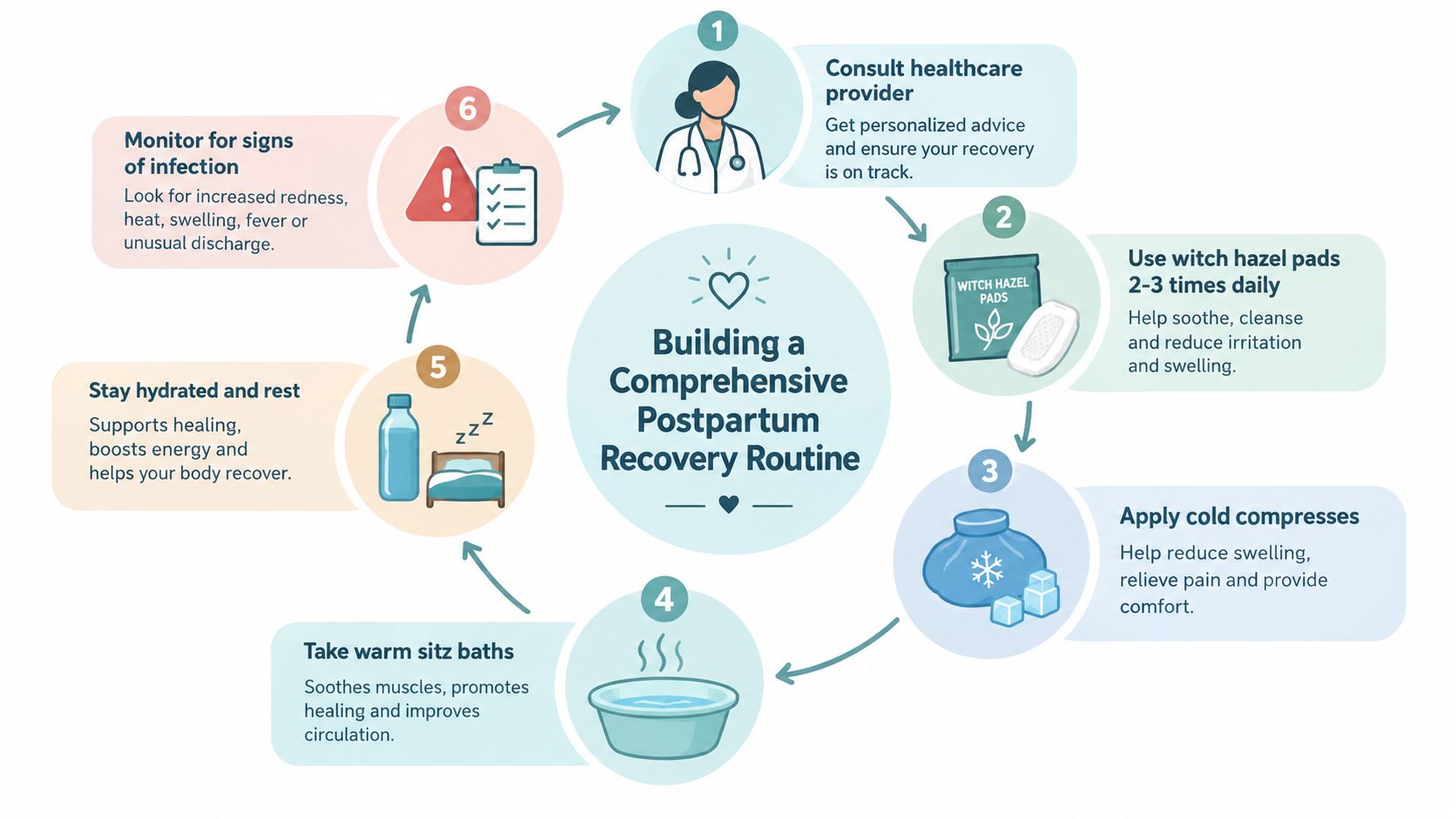 An infographic displaying a six-step comprehensive postpartum recovery routine for new mothers with clear health advice.