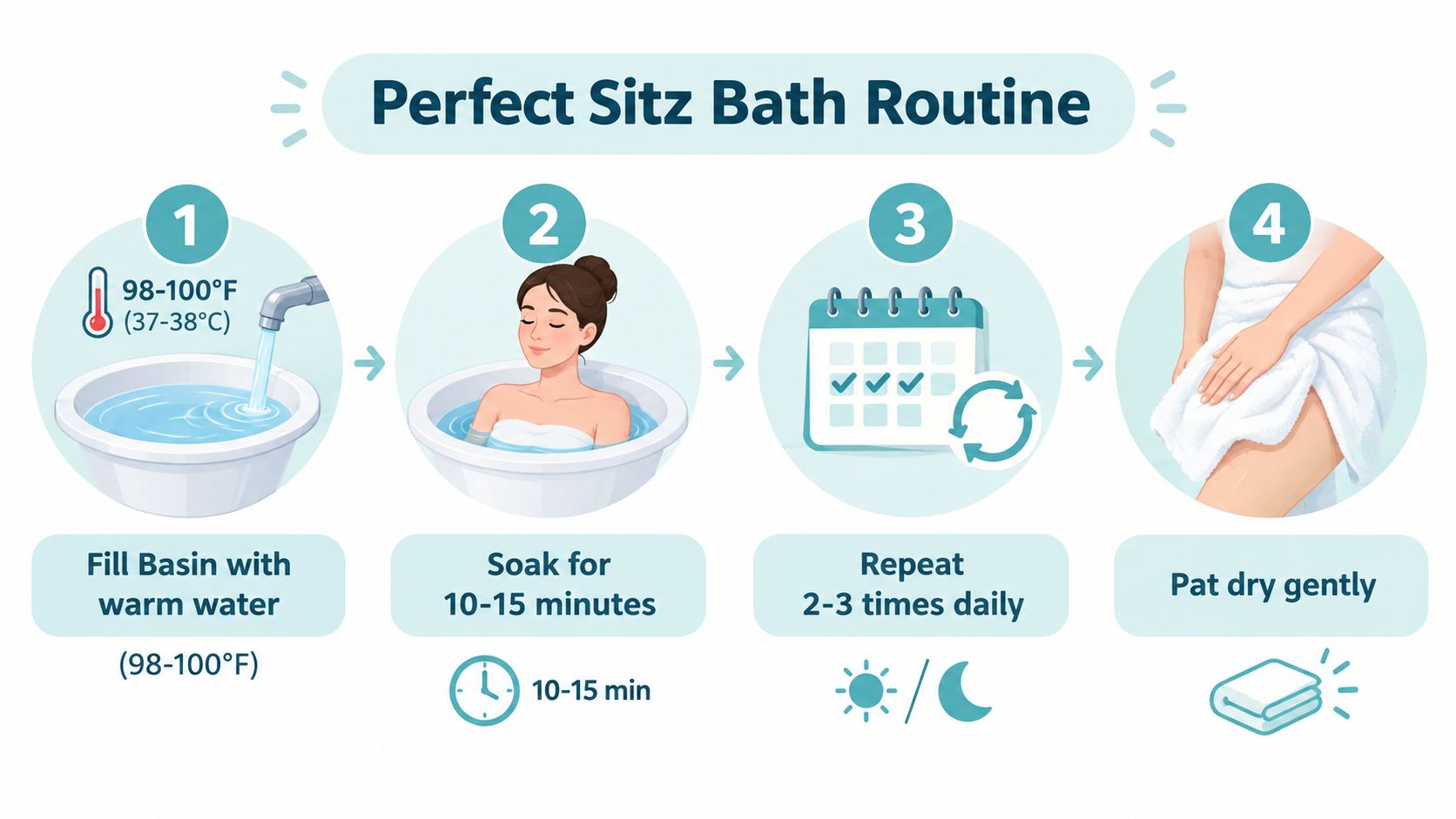 An infographic illustrating a four-step guide for performing a perfect sitz bath routine for personal health care.