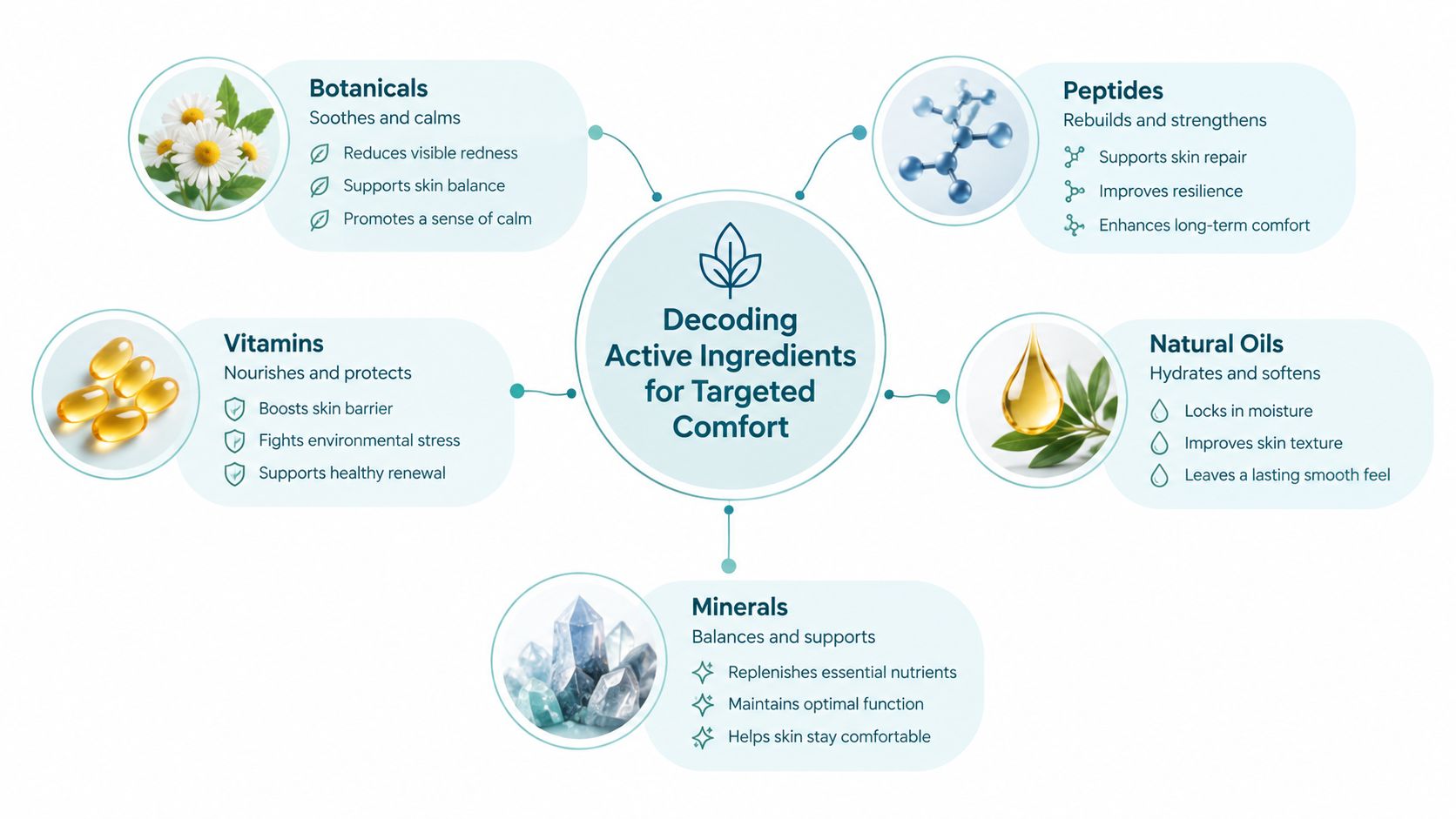 A diagram illustrating active skincare ingredients including botanicals, peptides, vitamins, natural oils, and minerals for targeted skin comfort.