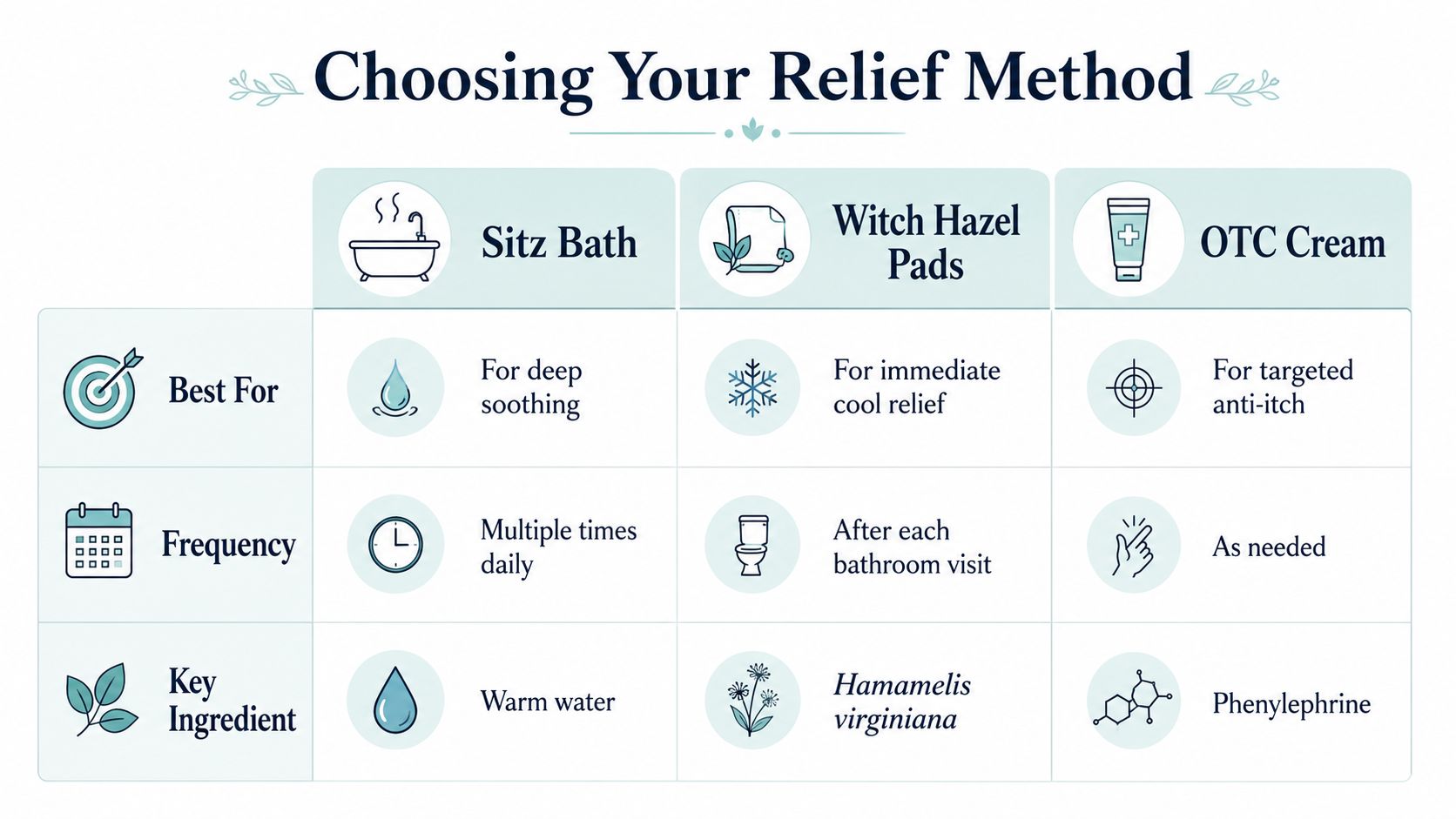 A chart comparing relief methods for swollen hemorrhoids including sitz baths, witch hazel pads, and OTC creams.