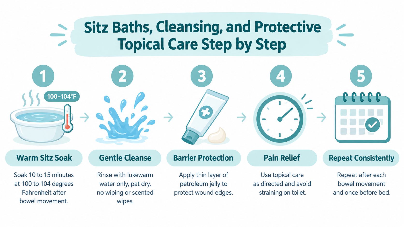 A five-step guide on how to perform sitz baths and provide wound care for anal fissures.