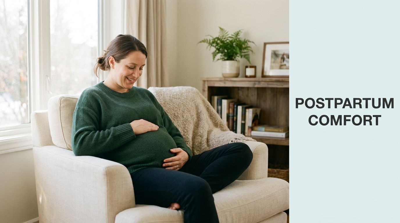 A smiling pregnant woman sits comfortably in an armchair holding her stomach with both hands.