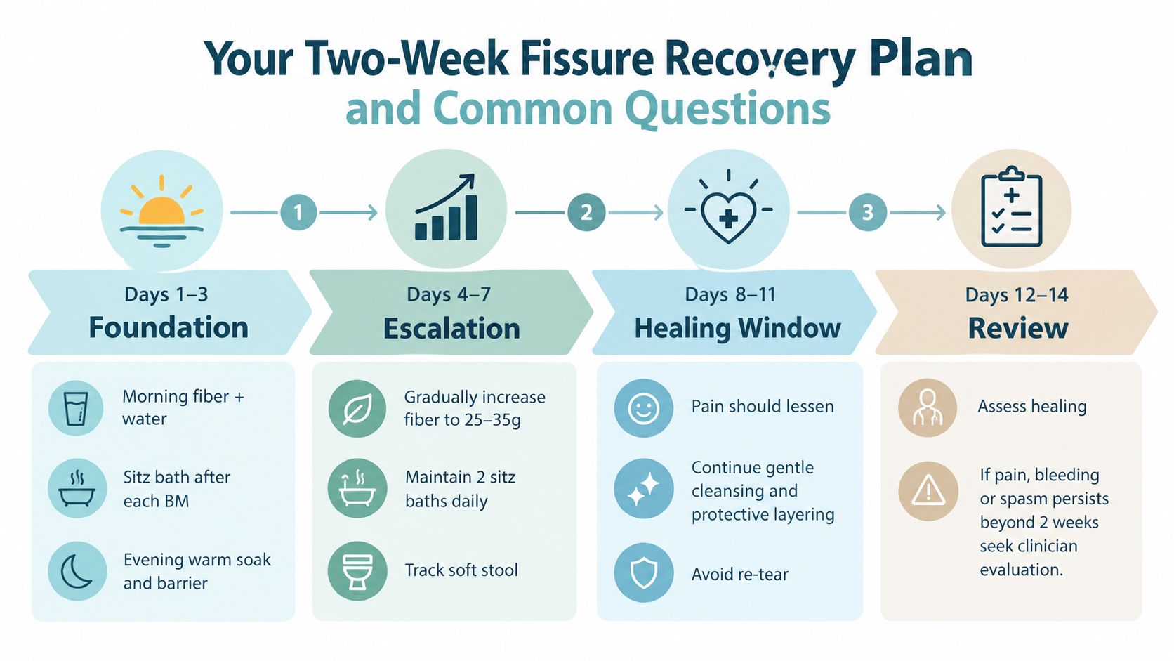 A structured two-week recovery plan infographic for managing anal fissures with daily habits and professional review.