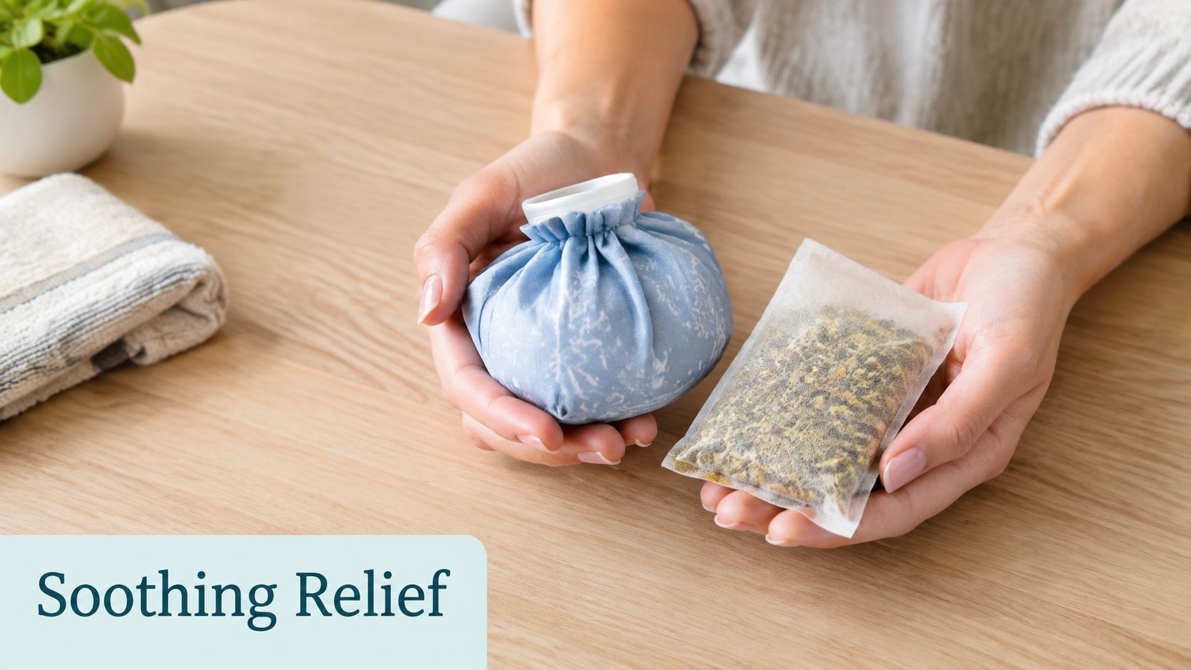 A person holds a small blue ice pack and a herbal compress for soothing pain relief