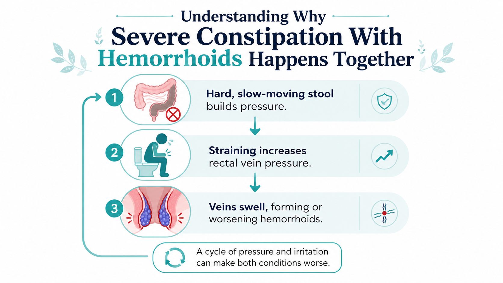 An infographic showing how severe constipation leads to increased straining and the development or worsening of hemorrhoids.