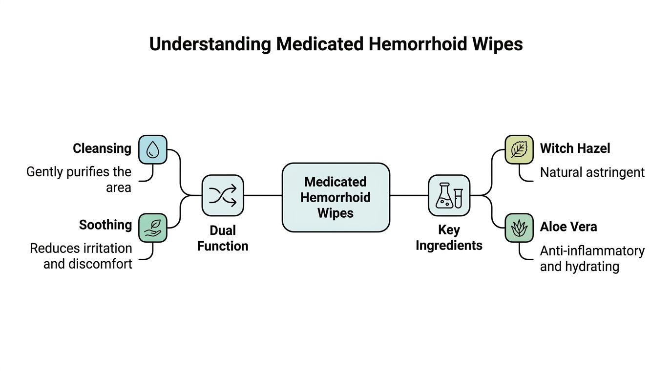 An infographic showing the dual cleansing and soothing functions and key ingredients of medicated hemorrhoid wipes.