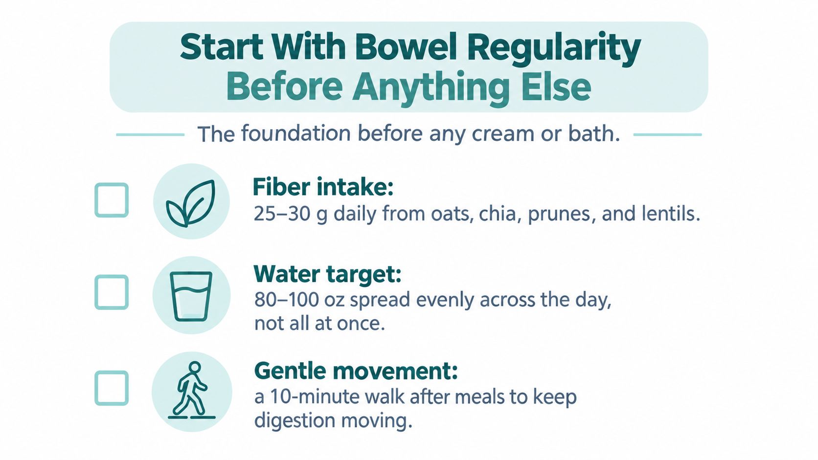 A health tip infographic for improving bowel regularity through fiber, hydration, and gentle physical exercise.