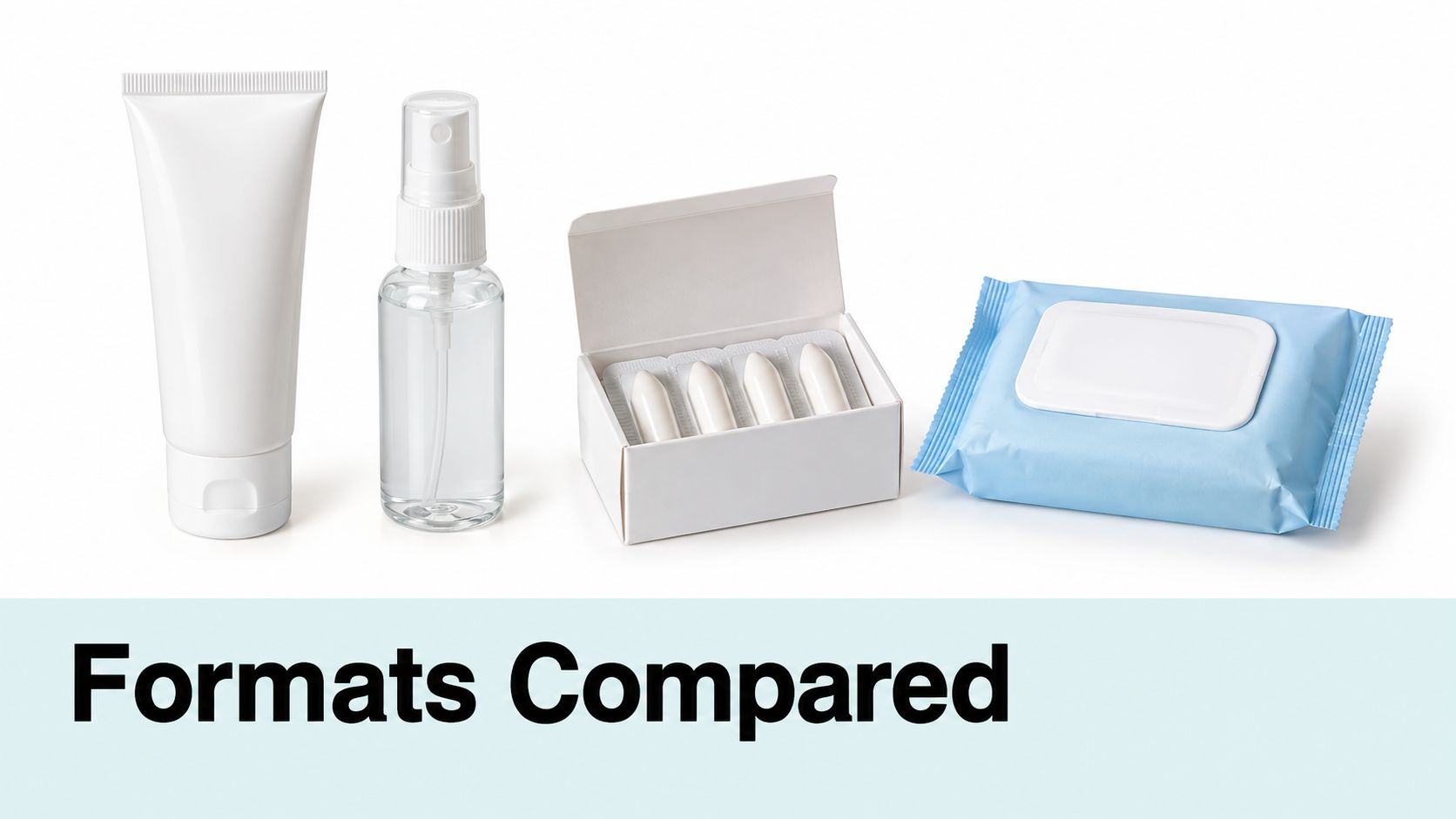 A collection of hemorrhoid treatment products including a cream tube, spray bottle, suppositories, and wipes.