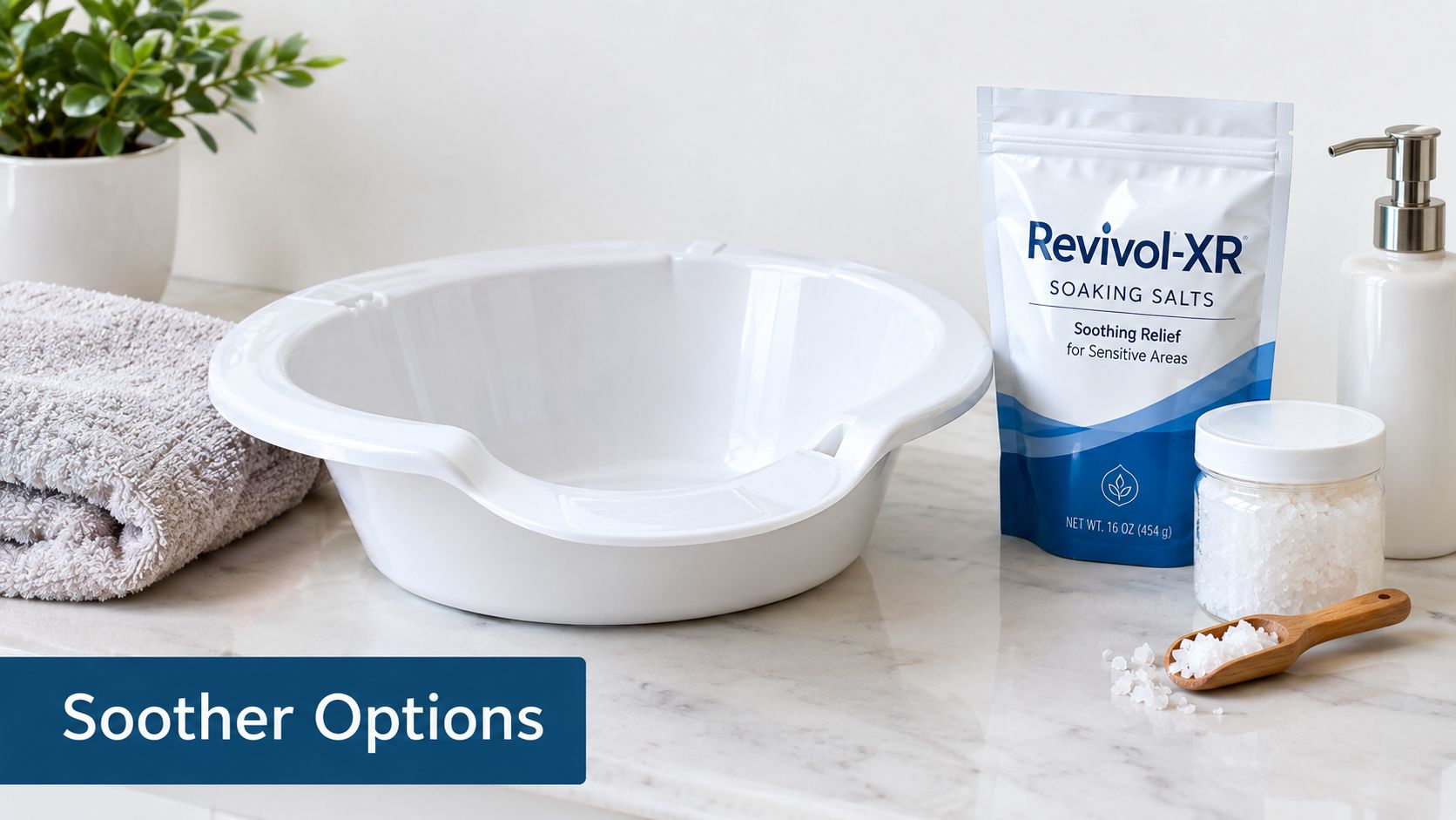 A white sitz bath bowl, a bag of Revivol-XR soaking salts, and a wooden scoop on a table.