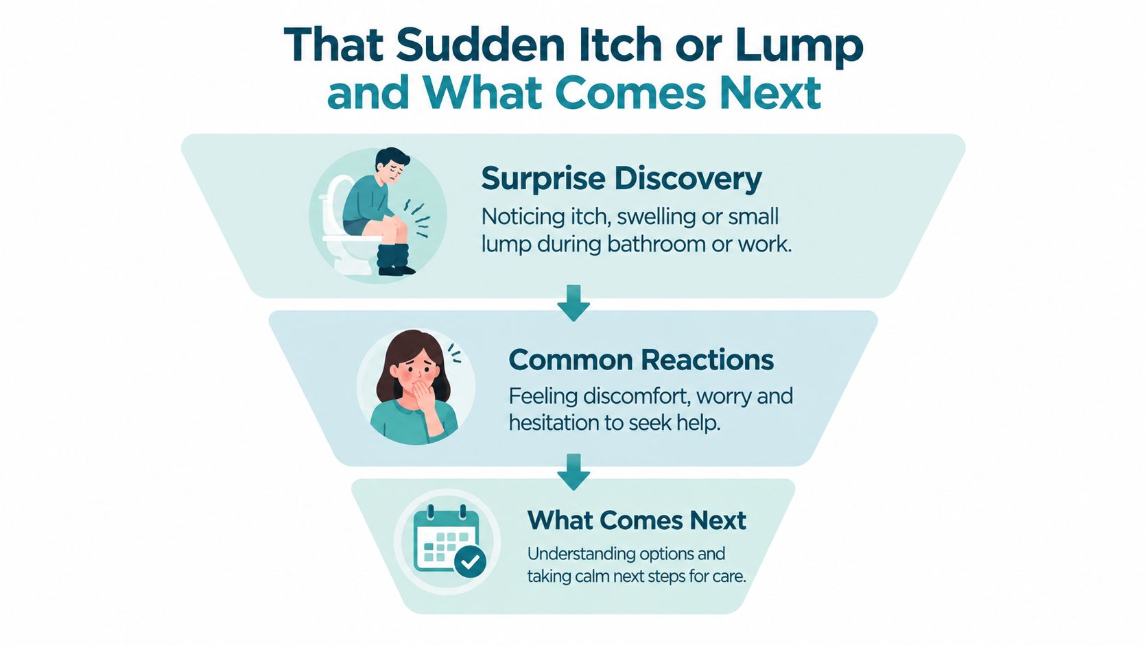 An infographic showing the stages of dealing with a hemorrhoid, from discovery to seeking medical care.