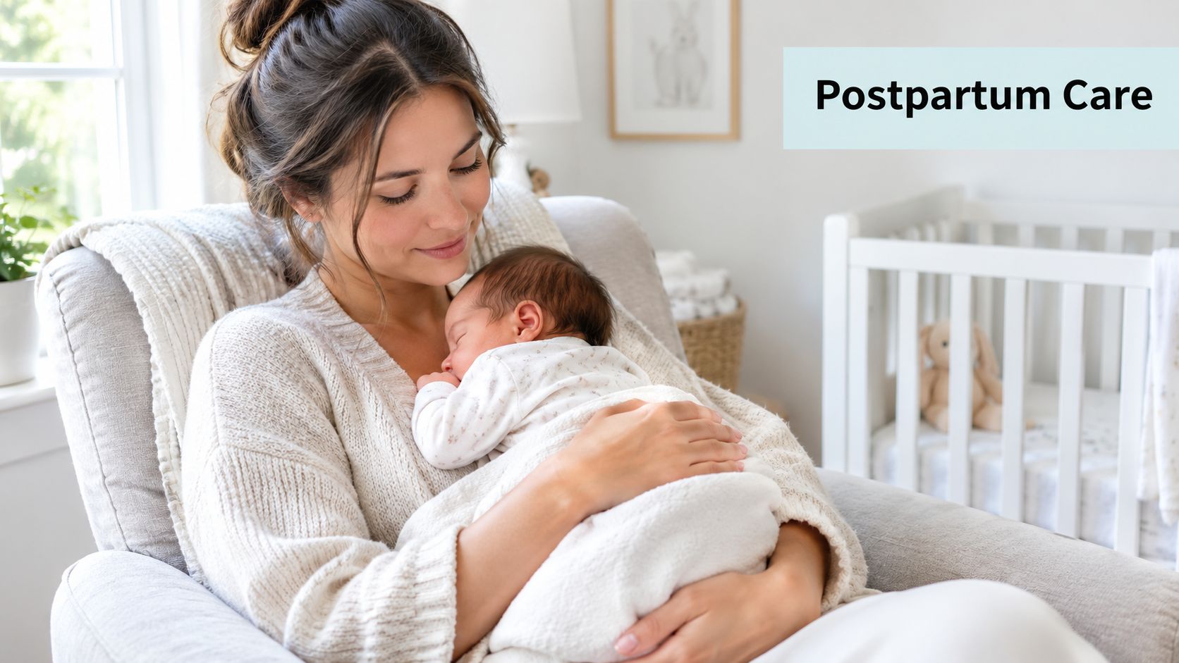 A gentle mother cradling and cuddling her newborn baby in a comfortable nursery armchair.