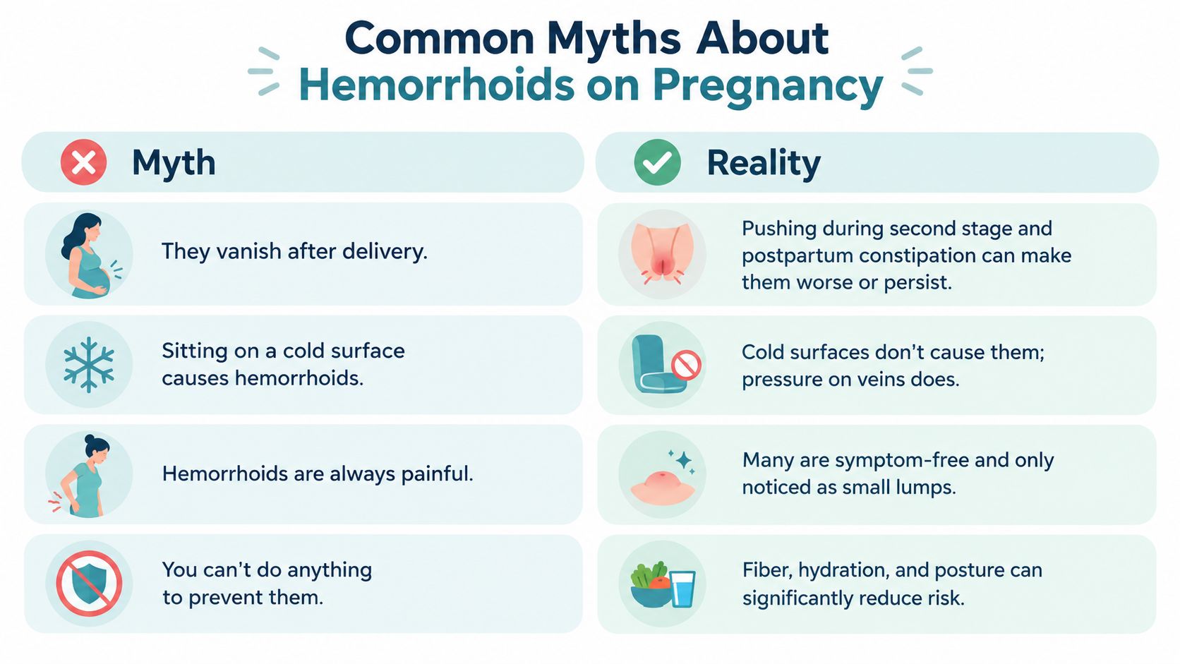 An infographic titled Common Myths About Hemorrhoids on Pregnancy detailing four myths and their corresponding realities.
