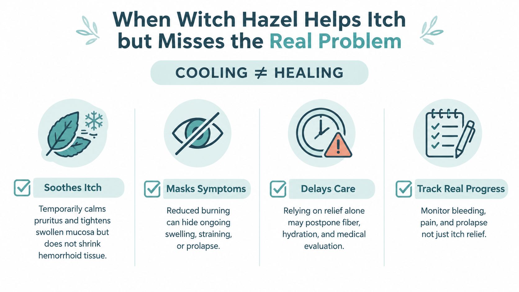 An infographic explaining how witch hazel provides temporary relief but fails to address underlying hemorrhoid symptoms.