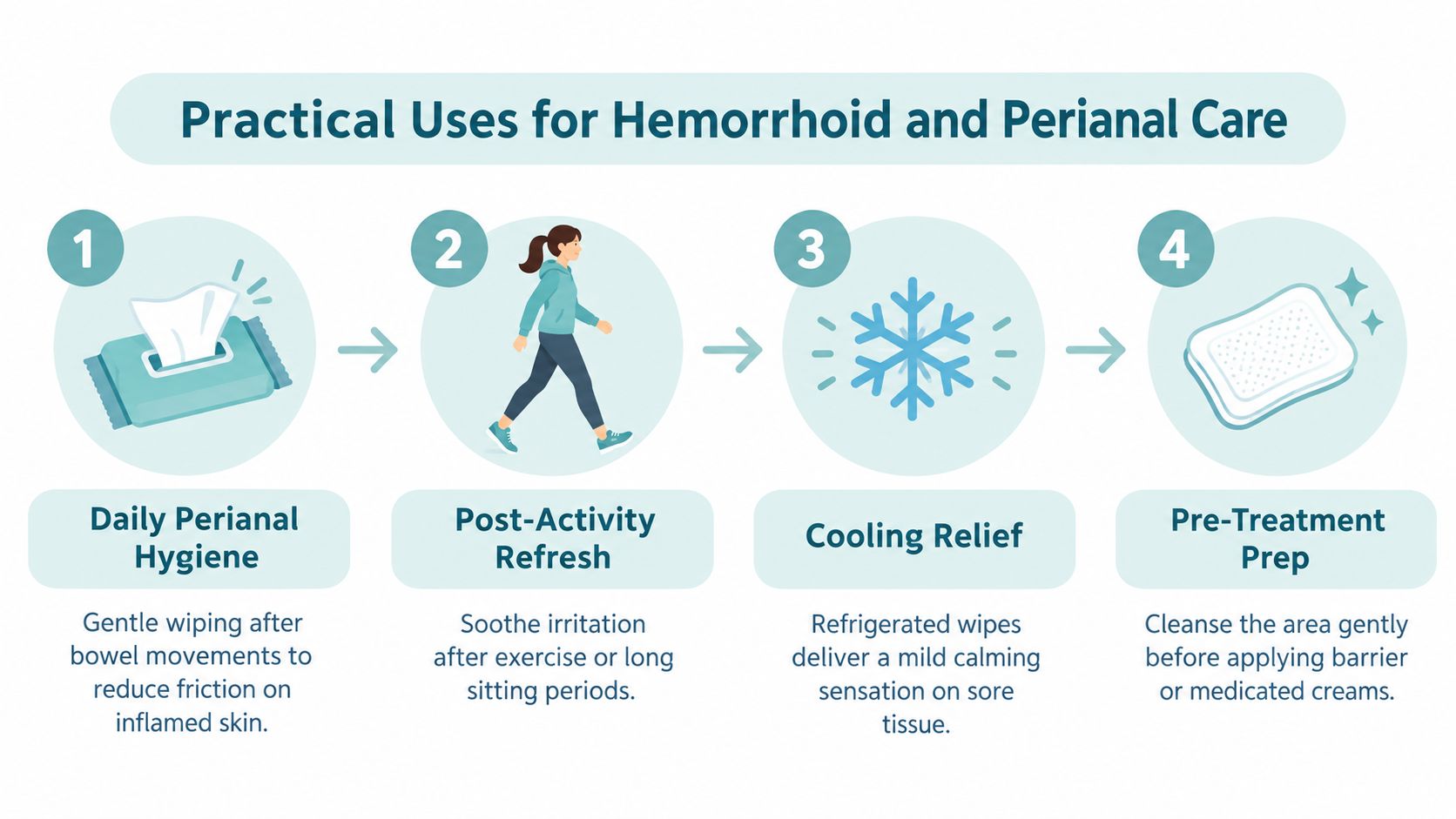 An infographic showing four practical ways to use wipes for hemorrhoid and perianal health care.